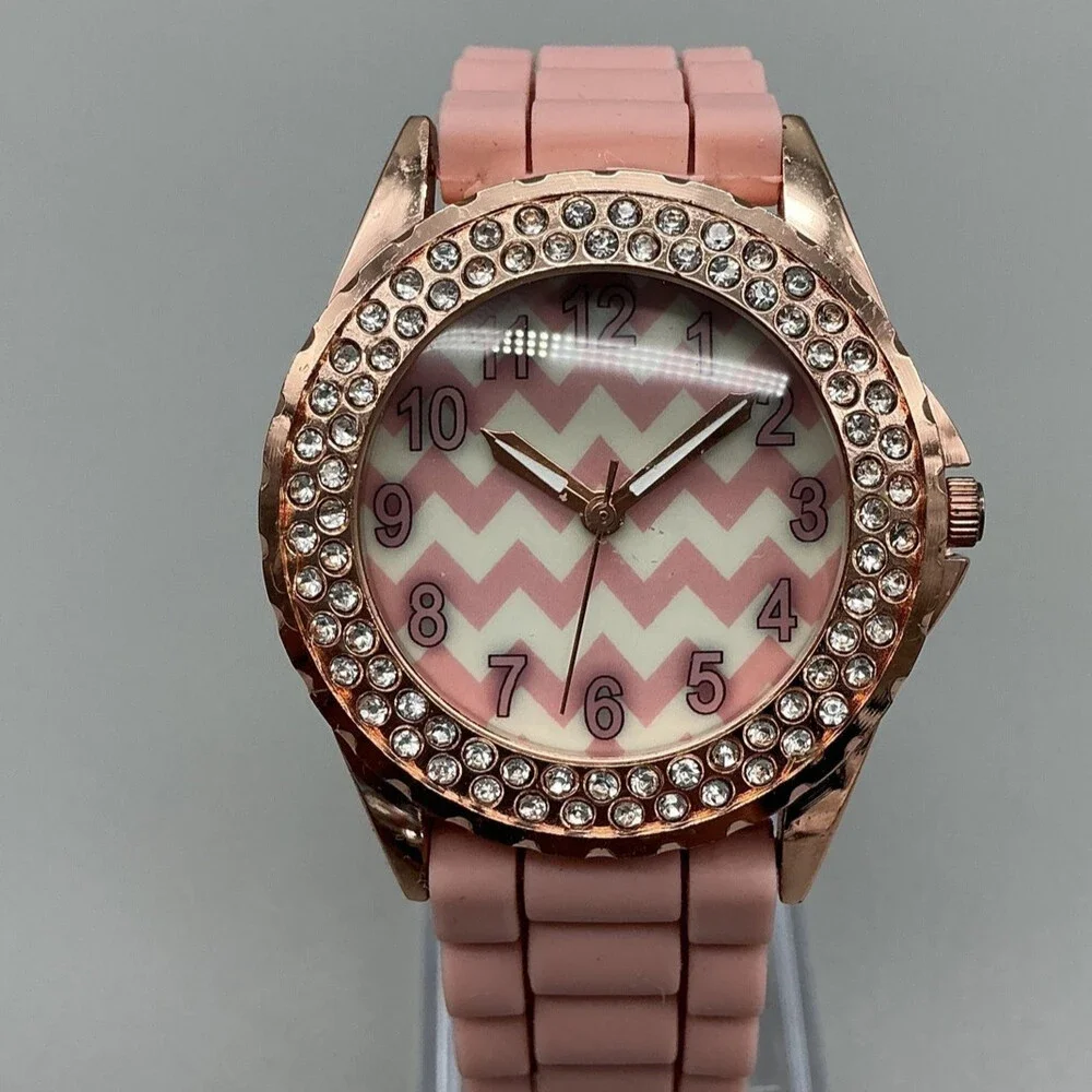 Womens Watch 39mm Pink Chevron Dial Crystal Bezel Pink Silicone Quartz W770